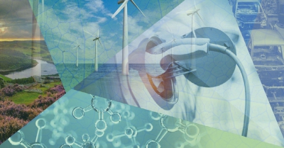 collage of various images include wind turbines, car parts, hydrogen atoms, and green areas