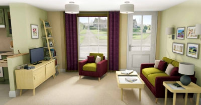 A dementia friendly home with green and purple sofa and chair in a living room